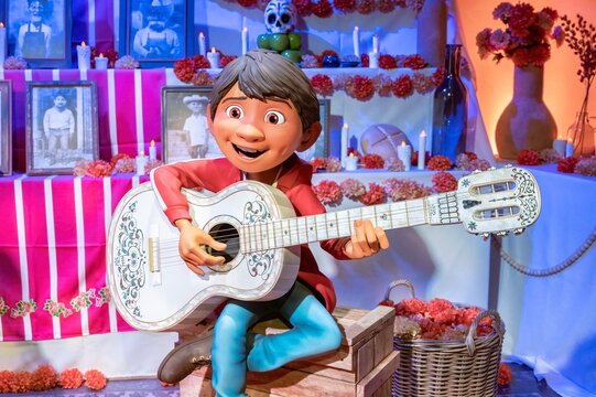 Madrid, Spain; 05-14-2024: Large figure of the famous character Miguel from the movie Coco in an exhibition called Pixar World about the studio's films
