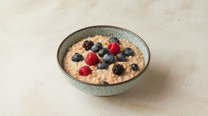 hearty bowl of porridge topped with assorted fresh berries, breakfast, plain background