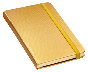 Golden notebook with textured cover and elastic band, isolated on transparent background. Elegant...