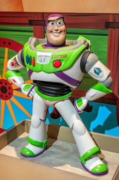 Madrid, Spain; 05-14-2024: Large figure of the famous character Buzz Lightyear from the movie Toy Story in an exhibition called Pixar World about the studio's films
