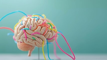 A detailed close-up of a human brain model highlights colorful wires connecting regions, symbolizing neural activity and representing mental exercise, cognitive development, and learning processes. Th