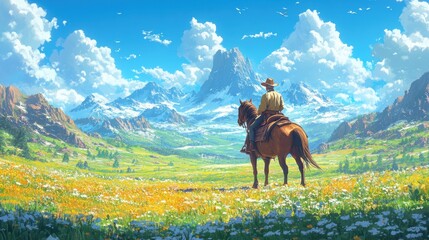 A lone cowboy on horseback rides through a lush meadow towards a majestic mountain range, under a bright blue sky.