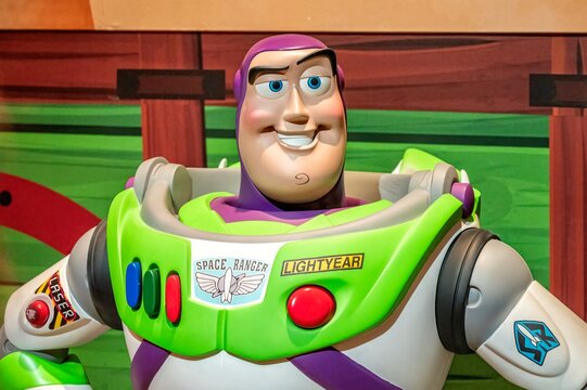 Madrid, Spain; 05-14-2024: Large figure of the famous character Buzz Lightyear from the movie Toy Story in an exhibition called Pixar World about the studio's films