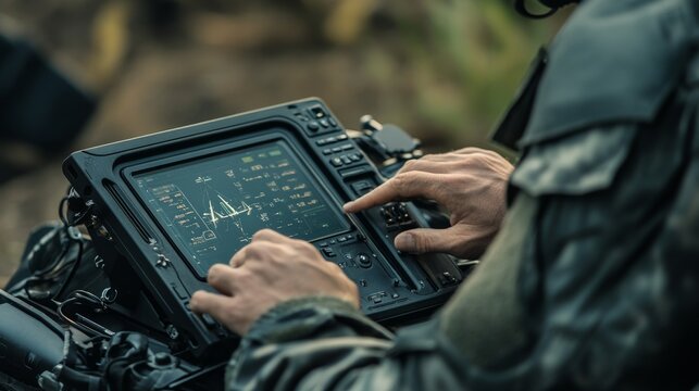 Military Tech in Action: Soldier Operates Advanced Portable Device