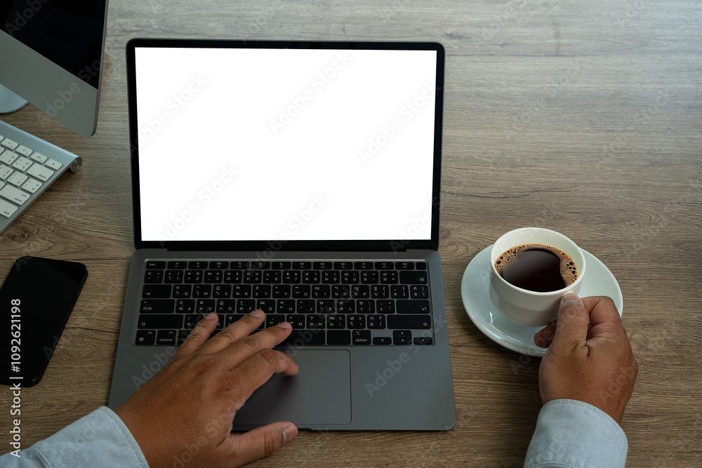 Poster side view man man working using a desktop computer of the blank screen