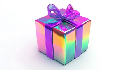 Obraz premium Holographic Gift Box with Purple Ribbon and Bow
