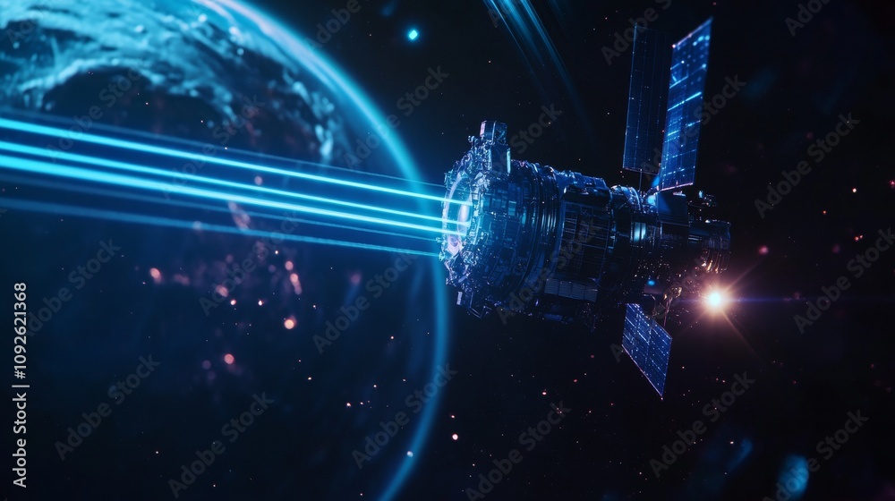 Wall mural futuristic space satellite in orbit: advanced technology