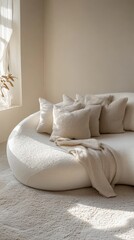 Minimalist Cozy White Sofa with Winter Decor on Light Beige Background