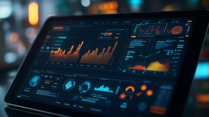 Futuristic Business Dashboard Displaying Data and Graphs