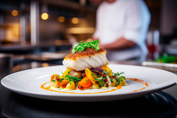 Manos de chef preparando un exquisito plato de bacalao gourmet jugoso con verduras en la cocina de un restaurante moderno con estrella michelin. Cocina de autor.