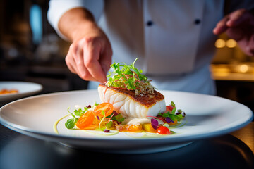 Manos de chef preparando un exquisito plato de bacalao gourmet jugoso con verduras en la cocina de un restaurante moderno con estrella michelin. Cocina de autor.