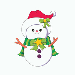 illustration of a snowman with a green ribbon and a green scarf around his neck.