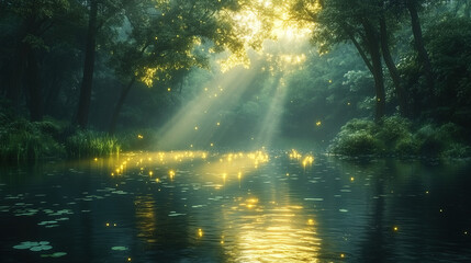 Fototapeta premium Tranquil evening light dancing on the surface of a serene forest river with glowing reflections. Generative AI