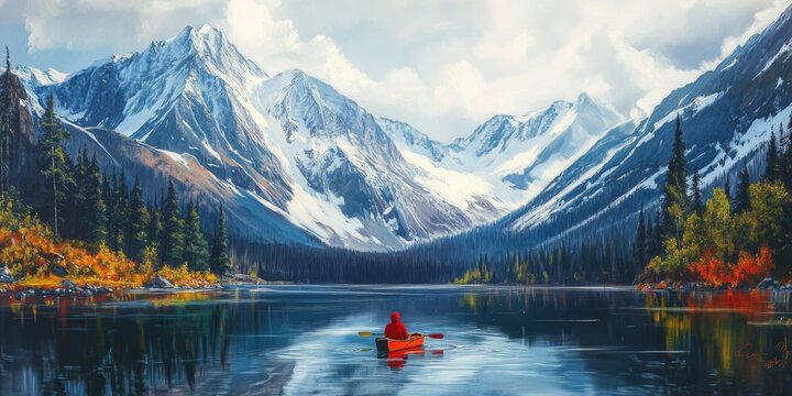 A serene lake surrounded by snow-capped peaks and evergreen forests, with a red kayak floating on the tranquil water - Powered by Adobe