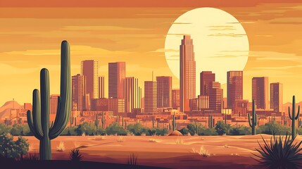 Desert Metropolis Sunset: A stylized cityscape at sunset, framed by cacti and desert landscape.