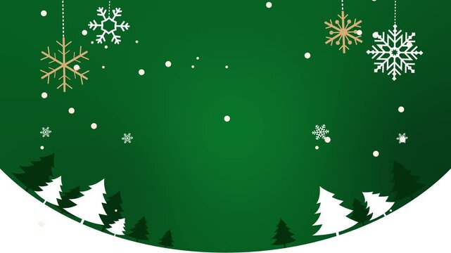 Christmas background with snow falling and pine tree silhouette on green background, motion graphic loop video