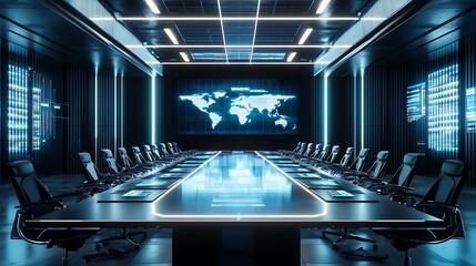 Futuristic Conference Room Global Network Tech Meeting Digital World Map Display