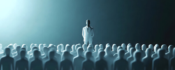 A 3D illustration depicting a leader standing above a group of followers, symbolizing leadership, unity, and inspiration. © john