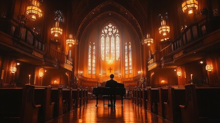 Fototapeta premium A lone pianist sits at the grand piano in an empty church, bathed in warm light streaming through stained glass windows.