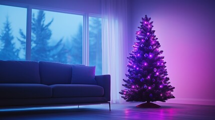 Cozy Living Room with Colorful Christmas Tree and Soft Lighting