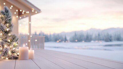 Obraz premium Cozy Winter Scene with Christmas Tree and Snowy Landscape at Dusk