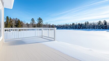 Obraz premium Serene Winter Landscape with Snow-Covered Deck and Clear Blue Sky