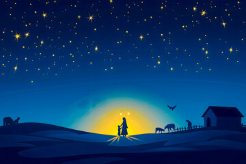 Fototapeta premium A serene nativity setting under a starry night sky captures the essence of Christmas. Silhouettes of a mother and child are surrounded by animals and a peaceful landscape