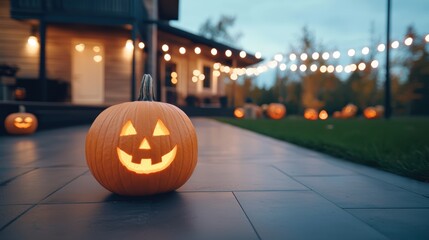 Festive Halloween Scene with Glowing Pumpkin and String Lights