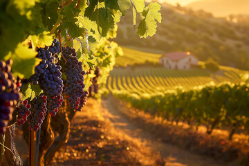 Fototapeta premium Picturesque Vineyard at Sunset with Ripe Purple Grapes and Rolling Hills in Background.