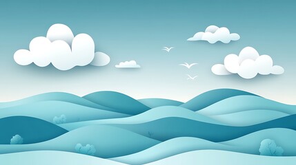 Serene Paper-Cut Landscape: Rolling Hills, Clouds, and Birds in Flight