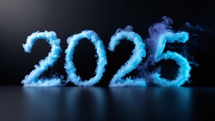 Illuminated smoke and mist text design for 2025 event dark environment graphic concept with blue light effects