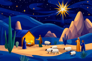 In a serene desert setting, the nativity scene showcases the birth of Jesus. Figures gather near a stable illuminated by the bright star above, with sheep peacefully grazing nearby