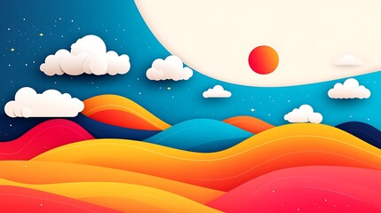 Vibrant Paper-Cut Landscape with Sun, Clouds, and Starry Sky