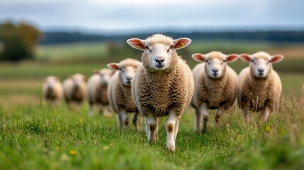 Naklejka premium Happy Sheep Grazing on a Green Farm Pasture