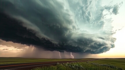 A sprawling supercell storm engulfs the Wyoming plains, layered with dark clouds and vivid lightning strikes, as golden twilight hues glow in the distance.
