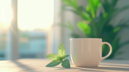 Tranquil Morning Scene with Fresh Mint and White Mug