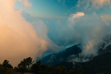 Volcano Fuego erupting at night from view of Volcano Acatenango, Guatemala.