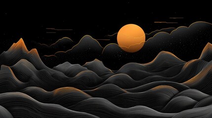 Fototapeta premium Serene Landscape at Dusk with Stylized Mountains and Sun