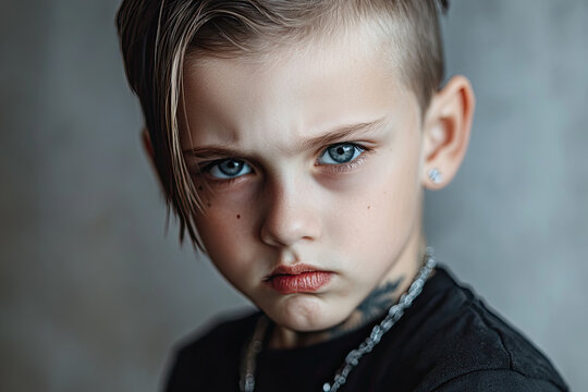 Tattooed boy, rebellious child, funny guy with slicked-back hair and rocker look