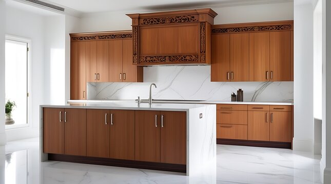 A sleek and modern white marble kitchen, featuring a warm wooden Almira with ornate carvings above the kitchen island