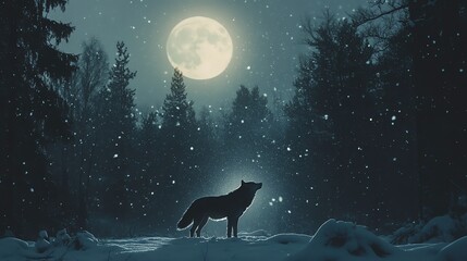 A lone wolf howls at the full moon in a snowy forest.