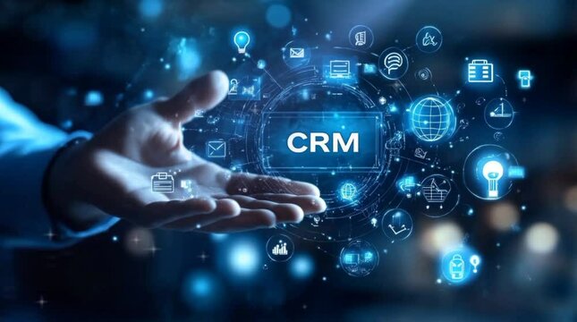 CRM Customer Relationship Management in hologram holding hand businessman, Business, Technology, Internet and network concept