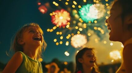 Three joyful children are enjoying a vibrant fireworks display at a summer festival. Laughter fills the air as colorful bursts light up the night sky, creating a magical atmosphere