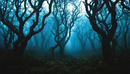 A misty forest with twisted trees creating an eerie atmosphere.