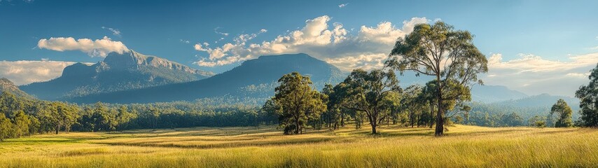 Fototapeta premium Stunning panoramic view of mountains, lush fields, and vibrant sky during golden hour. Perfect for nature and landscape lovers.