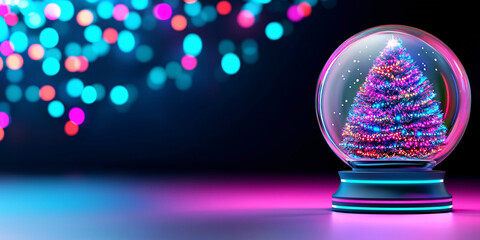 3D render of a colorful Christmas tree inside a modern snow globe with bright neon and pastel light bokeh background, reflecting a festive holiday mood.