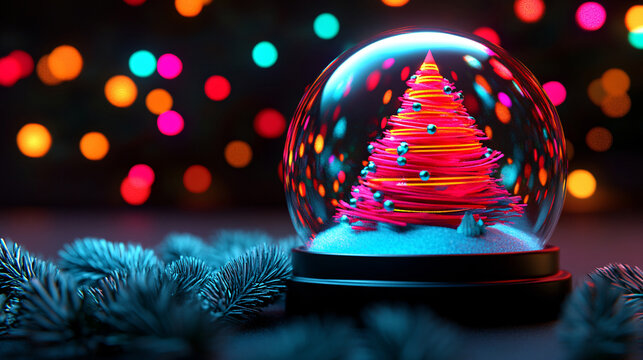 3D render of a glowing red and pink Christmas tree inside a glass snow globe, surrounded by blurred colorful bokeh lights, resting on a snow-covered base and framed by frosted pine branches. - Powered by Adobe