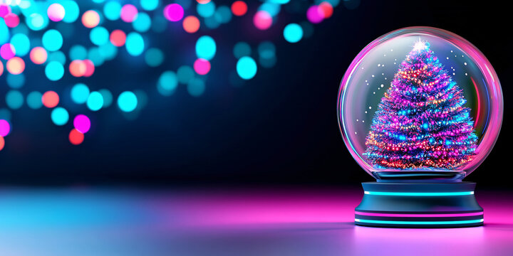 3D render of a colorful Christmas tree inside a modern snow globe with bright neon and pastel light bokeh background, reflecting a festive holiday mood. - Powered by Adobe