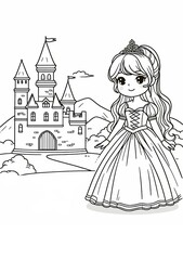 Fototapeta premium Doll with Long Hair near Castle Vector Coloring Page for Kids