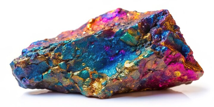 Isolated Rough Bornite (Peacock Ore) Rock on White Background with Copy Space for Natural Mineral Photography, Geology, and Educational Purposes